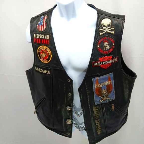 Harley-Davidson Other - Harley-Davidson Men's Black Leather Biker Vest - Patches & Pins, USMC Veteran L.